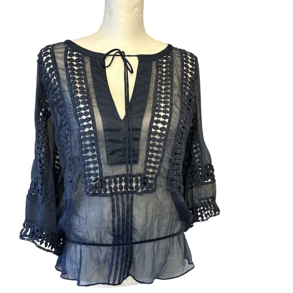 Daniel Rainn Navy Blue‎ Sheer Crochet Lace Tie Neck Blouse Top S E10830